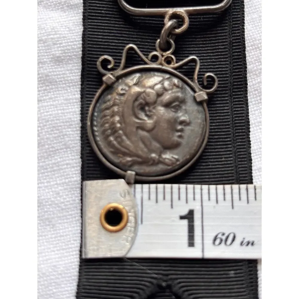 Alexander The Great Coin Fob Ancient Greek Silver Medallion Watch Chain Ribbon